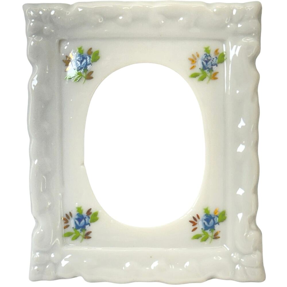 Vintage Porcelain Picture Frame 2x3 Floral Blue Forget Me Not White